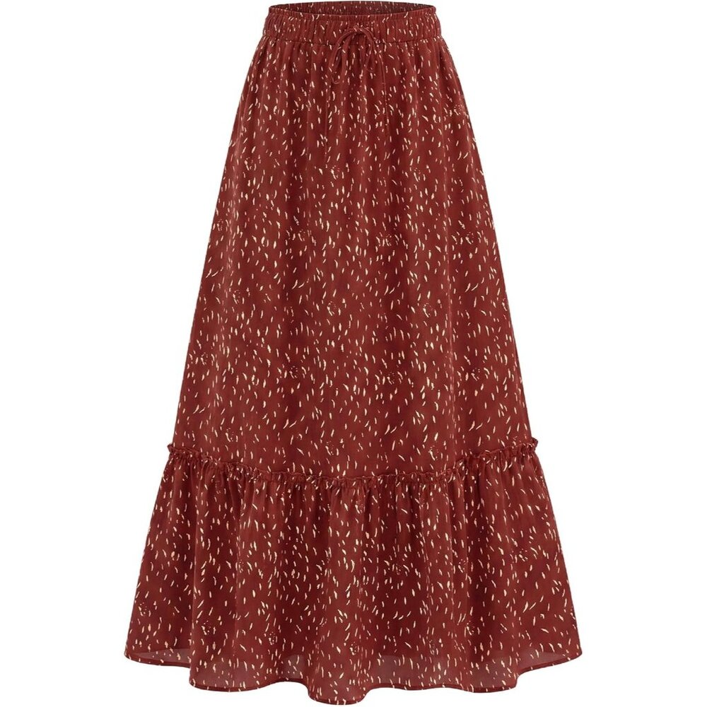 Women's Red 100% Polyester Boho Floral Flowy Tiered Spring Pockets Maxi Skirt